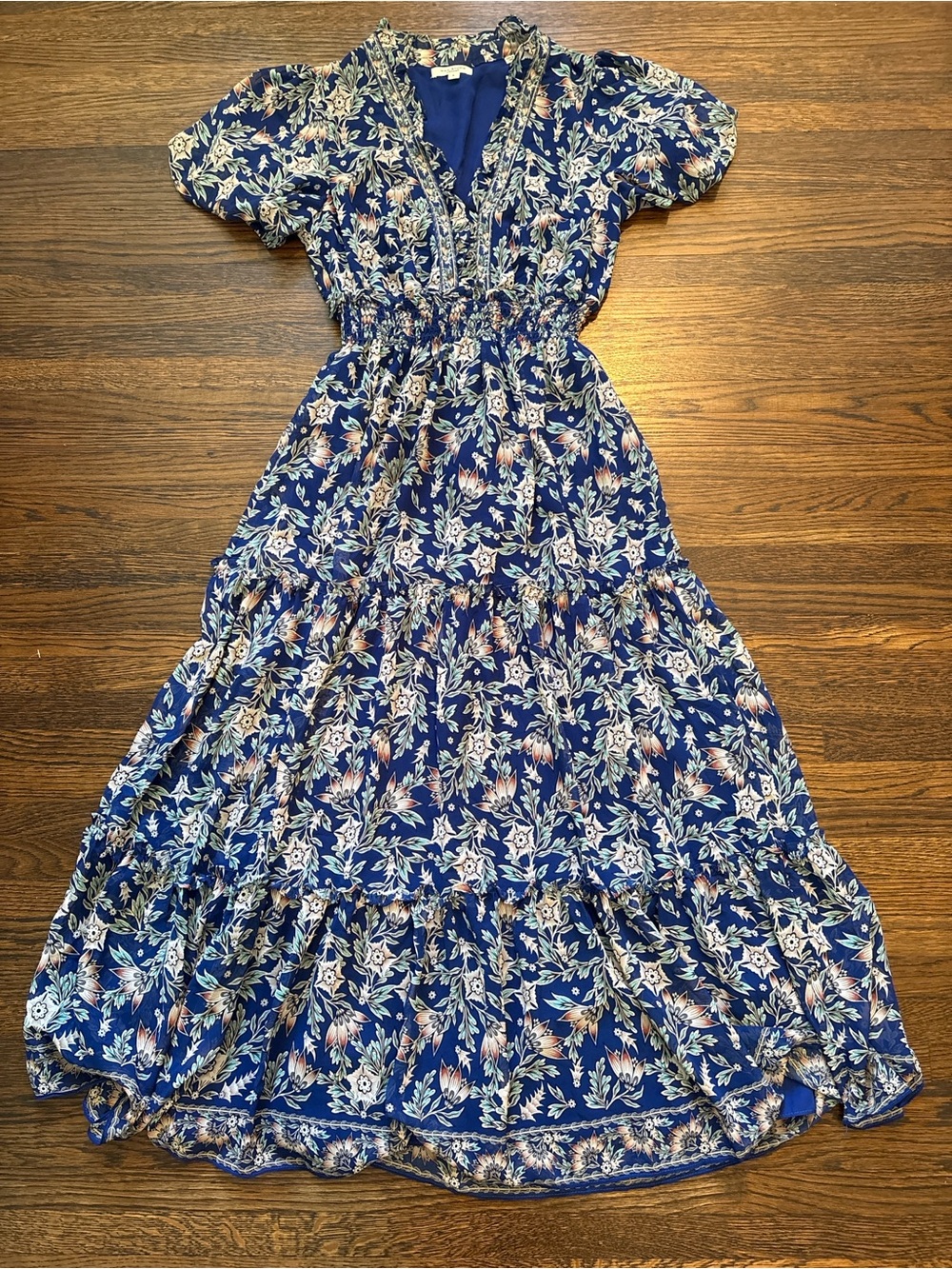 Max Studio Navy Floral Tiered V-Neck Maxi Dress